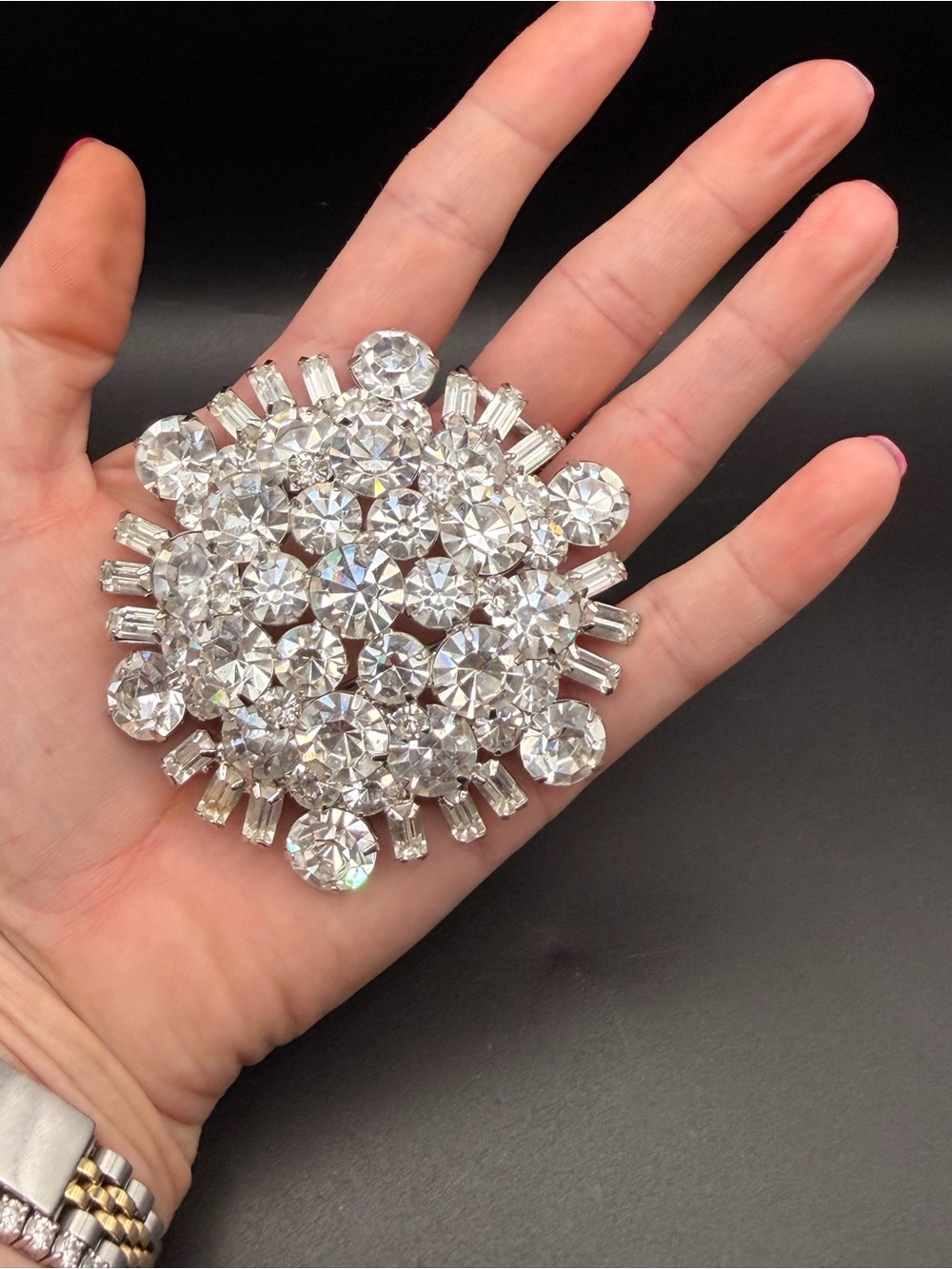 Huge Vintage Clear Rhinestone Brooch Round Baguette 3D Statement Pin Unsigned